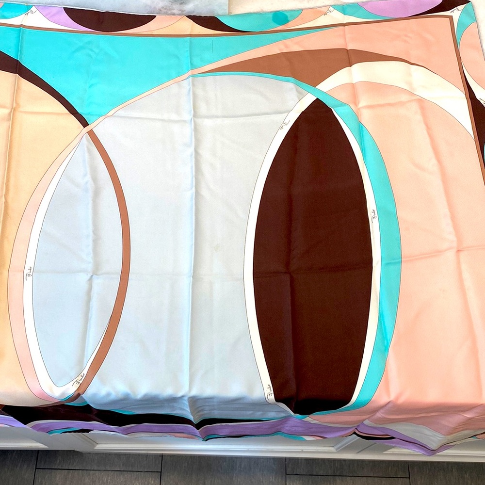 Emilio Pucci 33 1/2x33 1/2 silk scarf. Pink, tan,teal,brown